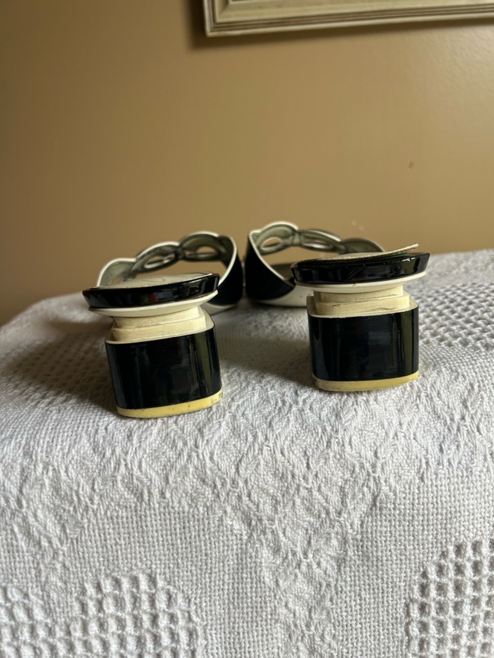 Black Patent Slide Mules with Ivory Accent Heel - Picture 4 of 11